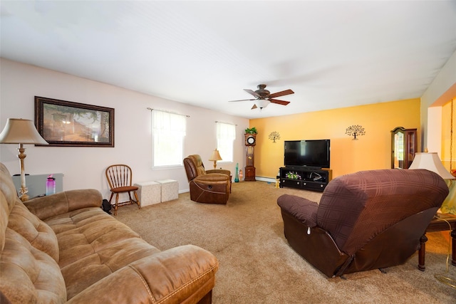 33 Roberts Rd, Wappingers Falls, NY 12590 - carpeted living area with a baseboard radiator, a ceiling fan, and baseboards