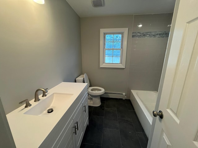 57 Doud St, Farmingdale, NY 11735 - full bathroom with a baseboard radiator, tile patterned floors, toilet, and vanity