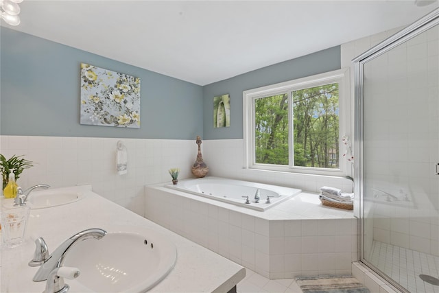 6 Carriage Path, Manorville, NY 11949 - full bath with a garden tub, a shower stall, tile patterned flooring, and double vanity