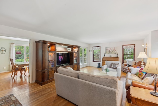 6 Carriage Path, Manorville, NY 11949 - living room with plenty of natural light, light wood-style floors, and baseboards