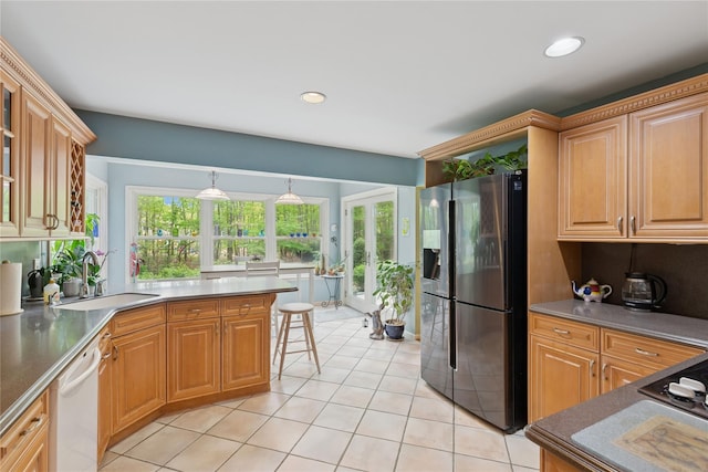 6 Carriage Path, Manorville, NY 11949 - kitchen featuring fridge with ice dispenser, a sink, light tile patterned floors, dishwasher, and recessed lighting