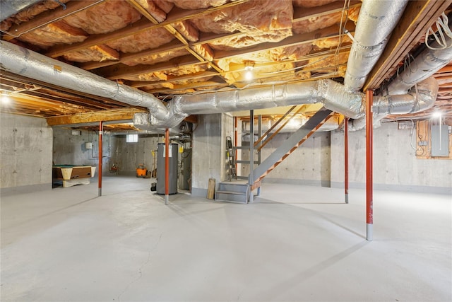 6 Carriage Path, Manorville, NY 11949 - unfinished below grade area with water heater, electric panel, and stairs