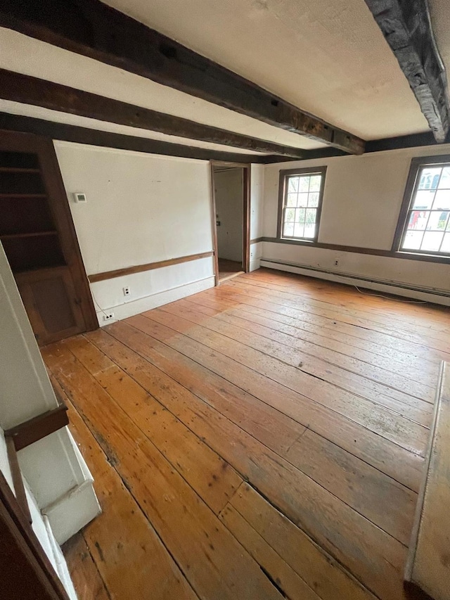 empty room featuring hardwood / wood-style floors, beam ceiling, and baseboard heating