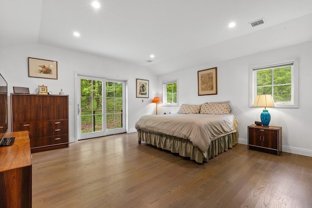 bedroom with lofted ceiling, access to outside, wood finished floors, baseboards, and recessed lighting