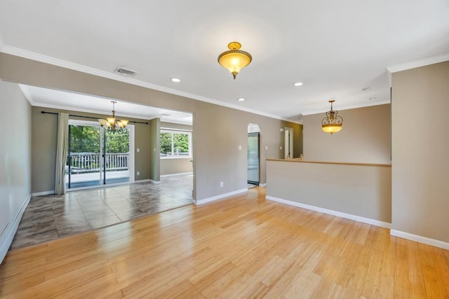 25 Terrace View Rd, Farmingdale, NY 11735 - unfurnished living room with a chandelier, light wood-style flooring, baseboards, ornamental molding, and recessed lighting