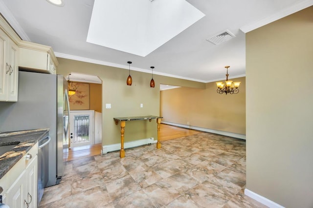 25 Terrace View Rd, Farmingdale, NY 11735 - kitchen with a baseboard heating unit, baseboards, crown molding, a chandelier, and pendant lighting