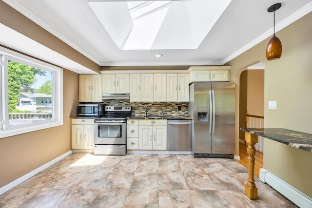 25 Terrace View Rd, Farmingdale, NY 11735 - kitchen featuring stainless steel appliances, a baseboard radiator, under cabinet range hood, ornamental molding, and a sink