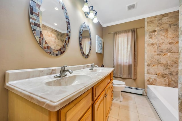 25 Terrace View Rd, Farmingdale, NY 11735 - bathroom with baseboard heating, toilet, ornamental molding, tile patterned floors, and a bath
