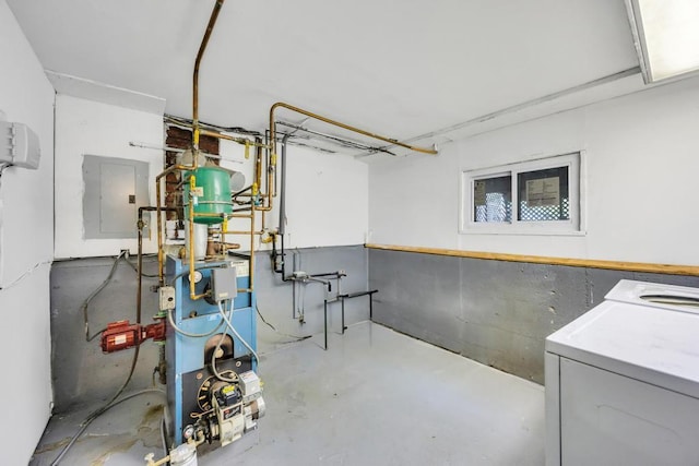 25 Terrace View Rd, Farmingdale, NY 11735 - below grade area with a heating unit, washer and clothes dryer, and electric panel