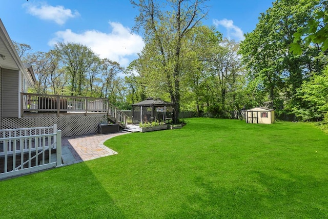 25 Terrace View Rd, Farmingdale, NY 11735 - view of grassy yard featuring a gazebo, a patio, a storage shed, an outdoor structure, and a deck