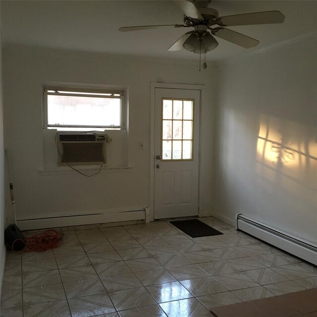3314 Wickham Ave, Bronx, NY 10469 - doorway featuring ceiling fan, a baseboard heating unit, cooling unit, a baseboard radiator, and crown molding