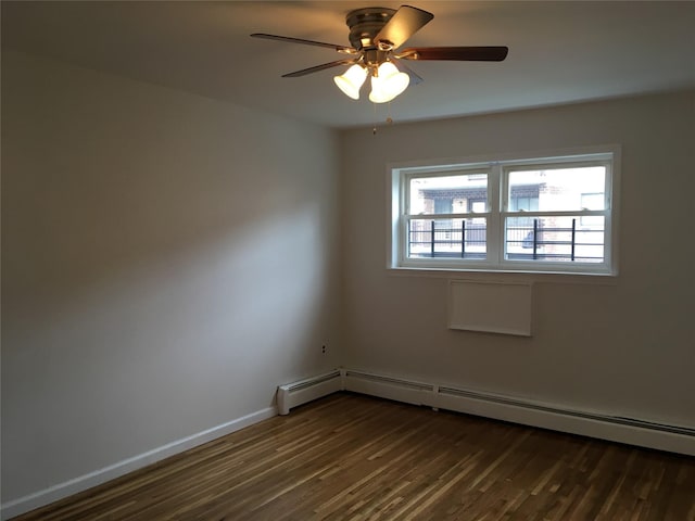 3314 Wickham Ave, Bronx, NY 10469 - empty room with dark wood-style floors, ceiling fan, baseboard heating, and baseboards