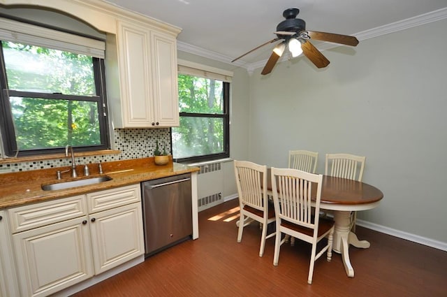 67 Rockledge Rd Unit 2A, Hartsdale, NY 10530 - kitchen with dishwasher, a sink, radiator heating unit, decorative backsplash, and wood finished floors