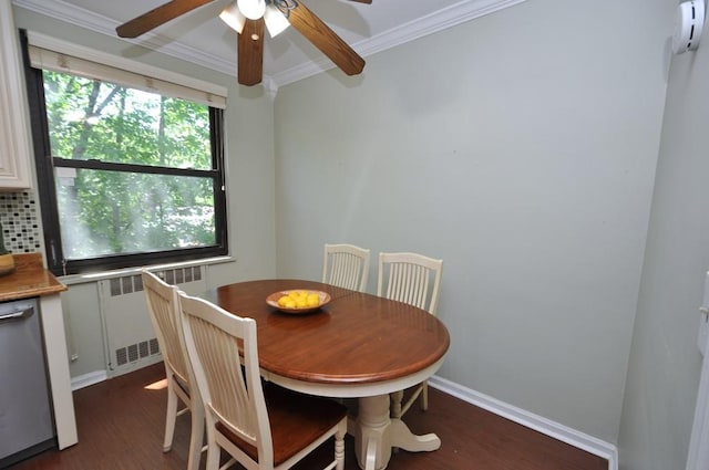 67 Rockledge Rd Unit 2A, Hartsdale, NY 10530 - dining area with radiator heating unit, dark wood-style floors, ornamental molding, ceiling fan, and baseboards