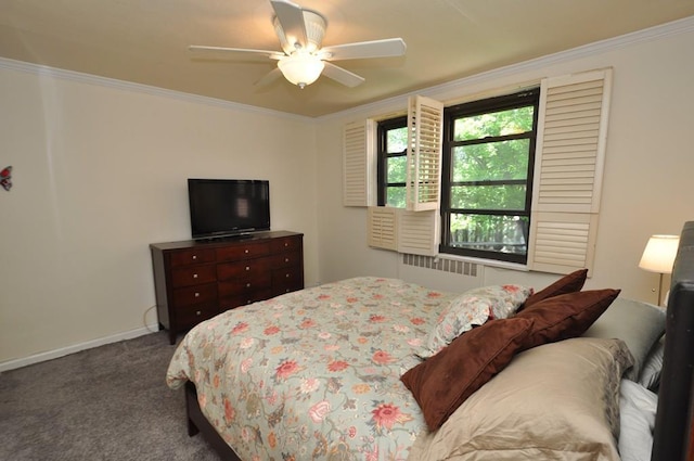 67 Rockledge Rd Unit 2A, Hartsdale, NY 10530 - bedroom with radiator, dark carpet, ornamental molding, a ceiling fan, and baseboards