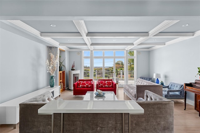14 S Country Rd, Westhampton, NY 11977 - living area with coffered ceiling, beam ceiling, recessed lighting, wood finished floors, and crown molding