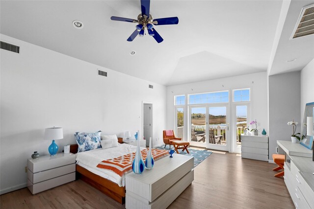 14 S Country Rd, Westhampton, NY 11977 - bedroom featuring high vaulted ceiling, access to outside, wood finished floors, recessed lighting, and ceiling fan