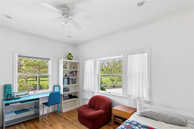 14 S Country Rd, Westhampton, NY 11977 - bedroom with an office area, ornamental molding, wood finished floors, and ceiling fan