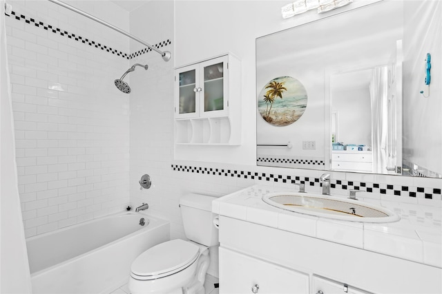 14 S Country Rd, Westhampton, NY 11977 - bathroom featuring shower / bathtub combination, vanity, decorative backsplash, and tile walls