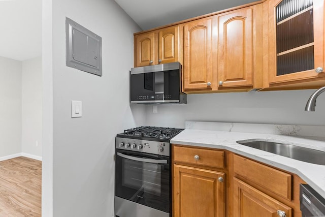 9 Sierra Ct Unit 0, Coram, NY 11727 - kitchen featuring stainless steel appliances, a sink, light wood-style flooring, electric panel, and light stone countertops