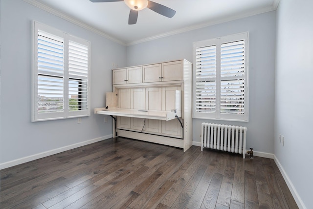 89-10 35th Ave Unit F2L, Jackson Heights, NY 11372 - unfurnished office with radiator heating unit, ceiling fan, dark wood-style flooring, ornamental molding, and baseboards