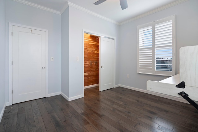 89-10 35th Ave Unit F2L, Jackson Heights, NY 11372 - unfurnished bedroom with baseboards, dark wood-style floors, ornamental molding, and ceiling fan
