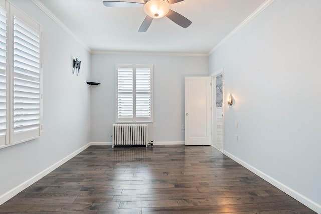 89-10 35th Ave Unit F2L, Jackson Heights, NY 11372 - empty room with radiator, ornamental molding, a ceiling fan, dark wood-type flooring, and baseboards