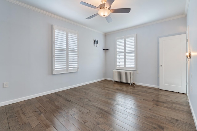89-10 35th Ave Unit F2L, Jackson Heights, NY 11372 - spare room with radiator heating unit, ceiling fan, hardwood / wood-style floors, crown molding, and baseboards
