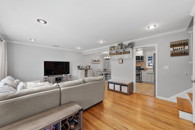 10 Ridge Rd, Cortlandt Manor, NY 10567 - living room with ornamental molding, light wood finished floors, and recessed lighting