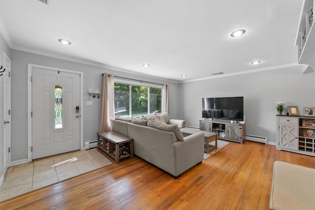 10 Ridge Rd, Cortlandt Manor, NY 10567 - living room featuring crown molding, a baseboard heating unit, light wood finished floors, baseboards, and recessed lighting