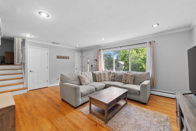 10 Ridge Rd, Cortlandt Manor, NY 10567 - living room featuring a baseboard heating unit, stairs, ornamental molding, light wood-style flooring, and recessed lighting