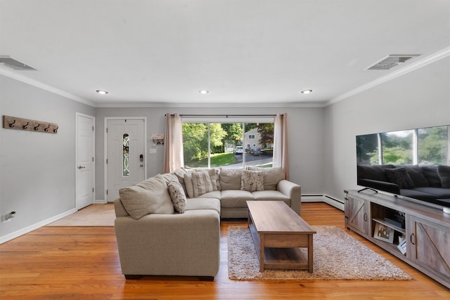 10 Ridge Rd, Cortlandt Manor, NY 10567 - living room with ornamental molding, light wood-style flooring, recessed lighting, baseboards, and baseboard heating
