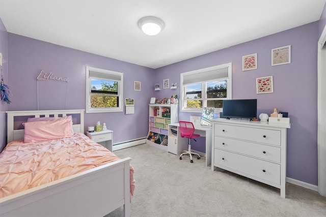 10 Ridge Rd, Cortlandt Manor, NY 10567 - bedroom featuring baseboard heating, multiple windows, light colored carpet, and baseboards