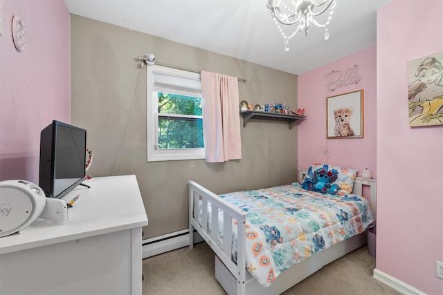 10 Ridge Rd, Cortlandt Manor, NY 10567 - bedroom with baseboard heating, a chandelier, and light colored carpet