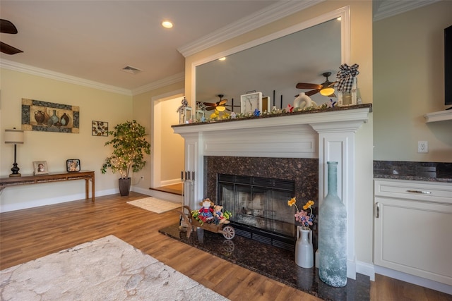 62 Freedom Rd, Pleasant Valley, NY 12569 - living area featuring ceiling fan, a high end fireplace, wood finished floors, ornamental molding, and recessed lighting
