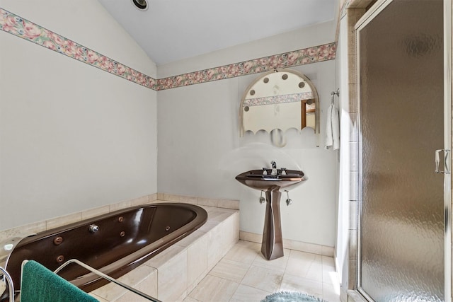 1260 Albany Post Rd, Croton-On-Hudson, NY 10520 - bathroom with a whirlpool tub, a shower stall, lofted ceiling, and tile patterned flooring