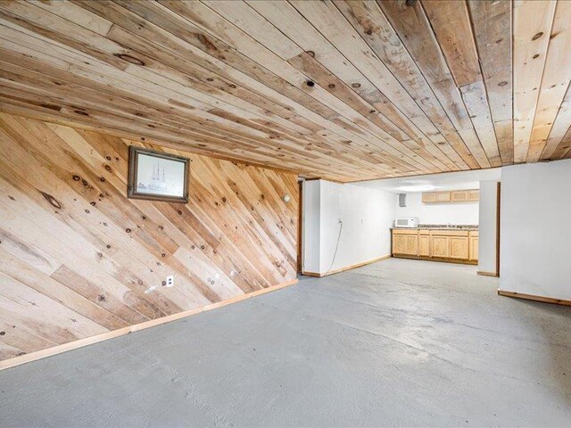 58 Hathorn Blvd, Port Jervis, NY 12771 - unfurnished living room featuring wooden ceiling, wood walls, concrete flooring, and baseboards