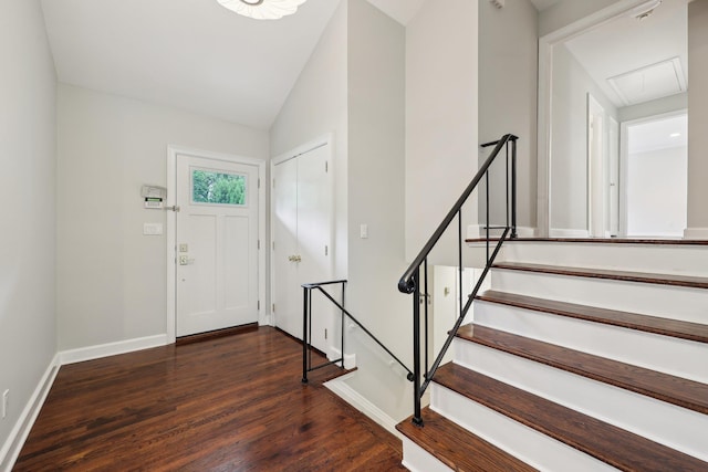 56 Rolling Way, New Rochelle, NY 10804 - entryway with dark wood finished floors, baseboards, and lofted ceiling