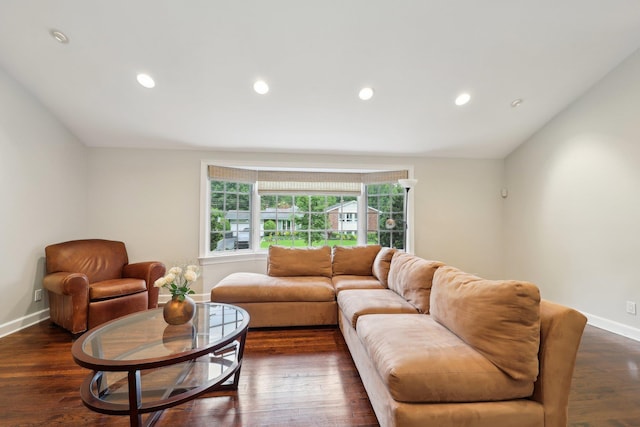 56 Rolling Way, New Rochelle, NY 10804 - living room featuring baseboards, lofted ceiling, dark wood-type flooring, and recessed lighting