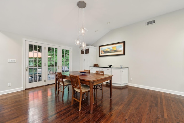 56 Rolling Way, New Rochelle, NY 10804 - dining room with french doors, vaulted ceiling, dark wood-type flooring, and baseboards