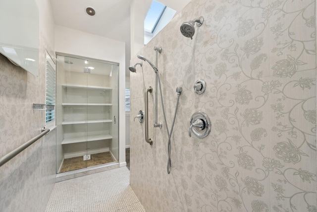 56 Rolling Way, New Rochelle, NY 10804 - full bathroom featuring a tile shower, tile patterned floors, and a skylight
