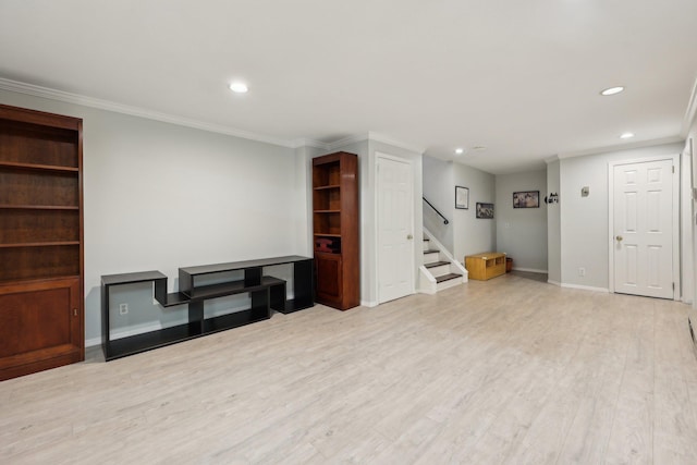 56 Rolling Way, New Rochelle, NY 10804 - below grade area with stairs, recessed lighting, light wood-type flooring, baseboards, and crown molding