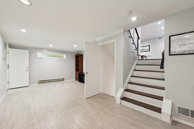56 Rolling Way, New Rochelle, NY 10804 - basement with a baseboard heating unit, light wood-style flooring, crown molding, stairway, and recessed lighting