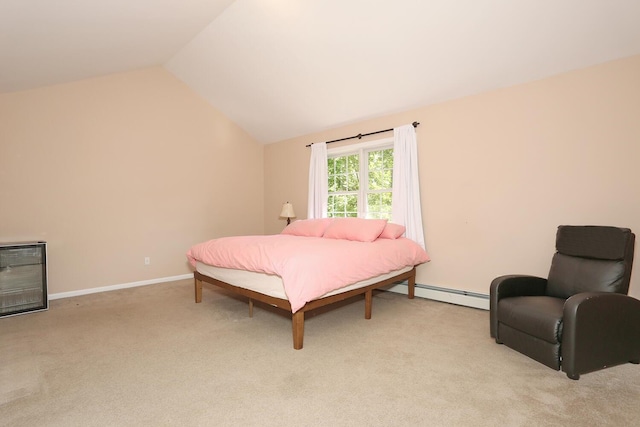 67 N Airmont Rd, Suffern, NY 10901 - bedroom with lofted ceiling, a baseboard heating unit, light colored carpet, and baseboards