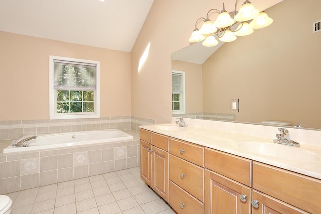 67 N Airmont Rd, Suffern, NY 10901 - bathroom featuring toilet, a chandelier, tile patterned flooring, a bath, and lofted ceiling