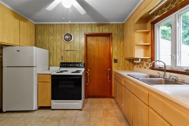 21 Patricia Ave, Fishkill, NY 12524 - kitchen featuring electric stove, freestanding refrigerator, a sink, ornamental molding, and ceiling fan