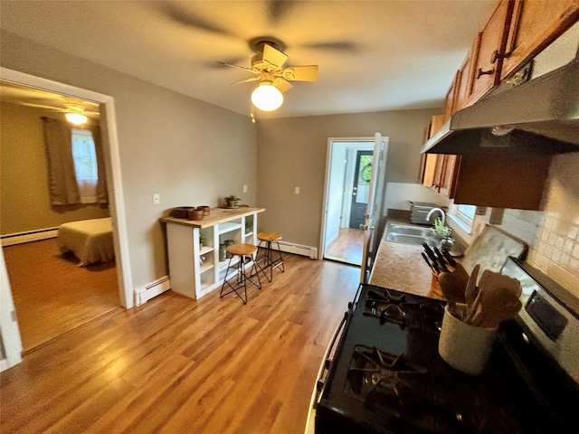 49 N Chestnut St, Beacon, NY 12508 - kitchen with under cabinet range hood, a baseboard radiator, brown cabinetry, and light wood-type flooring