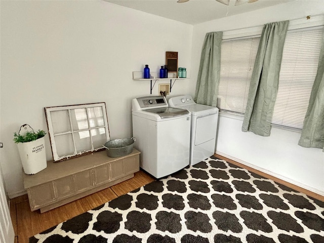 49 N Chestnut St, Beacon, NY 12508 - laundry area with washer and dryer, wood finished floors, and ceiling fan