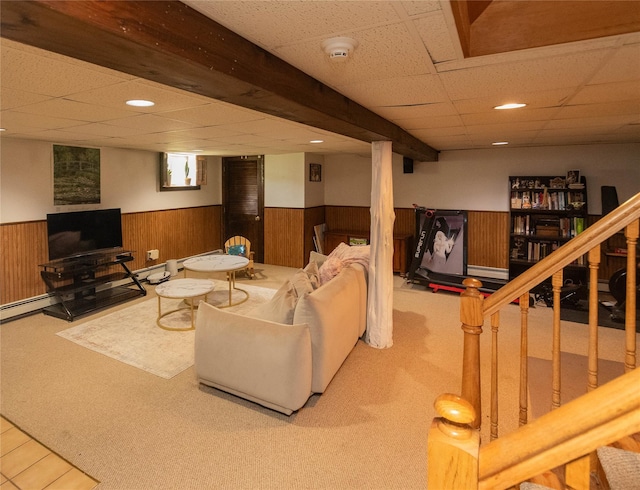 964 Pemart Ave, Peekskill, NY 10566 - living area featuring a wainscoted wall, carpet, a paneled ceiling, and wood walls