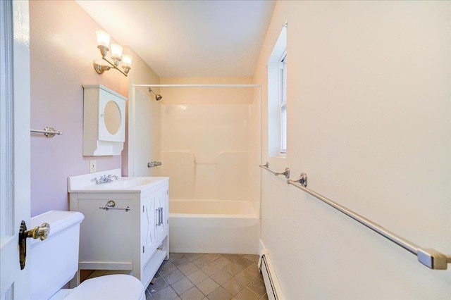 239-241 Hurleyville Main St, Hurleyville, NY 12747 - bathroom with vanity, toilet, bathtub / shower combination, tile patterned flooring, and a baseboard heating unit
